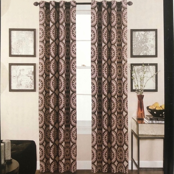 New ESPRIT grommet Window Panels Drapes set brown print Retro style new - Picture 1 of 7
